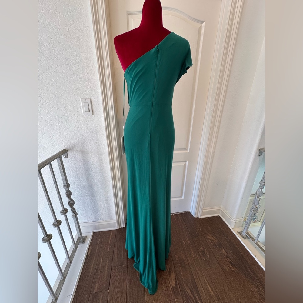 🦄 NWT Mac Duggal Sz 2 Emerald Ruched Long Slit One Shoulder Dress 67858 - Picture 8 of 9